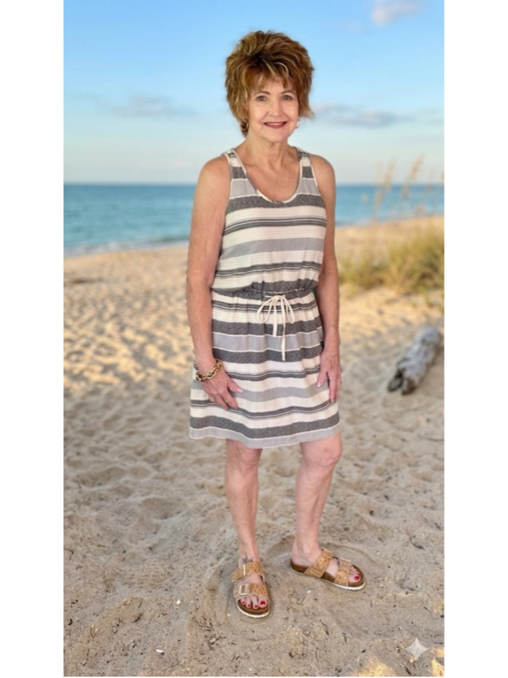 Lou & Grey Striped Cotton Dress XS Sleeveless Waffle Weave Drawstring Pockets Bl